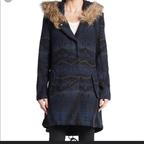 5/48 Brenden Faux Fur Trim Hood Wool Blend Tie Back/Waist Bottom Blanket Coat